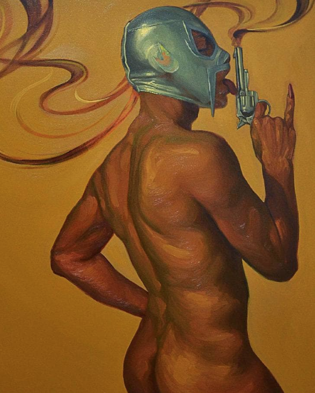 Pintura de Fabián Chairez, inspirado en lo que parecer ser El Santo. Foto: Instagram @fabian_chairez.