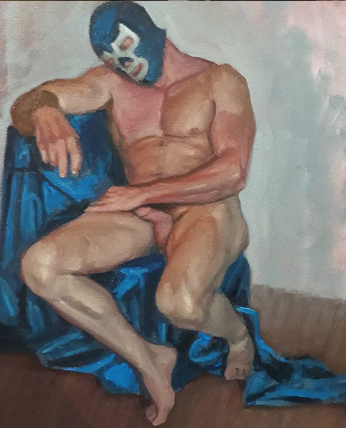Pintura de Fabián Chairez, inspirado en lo que parecer ser Blue Demon. Foto: Instagram @fabian_chairez.