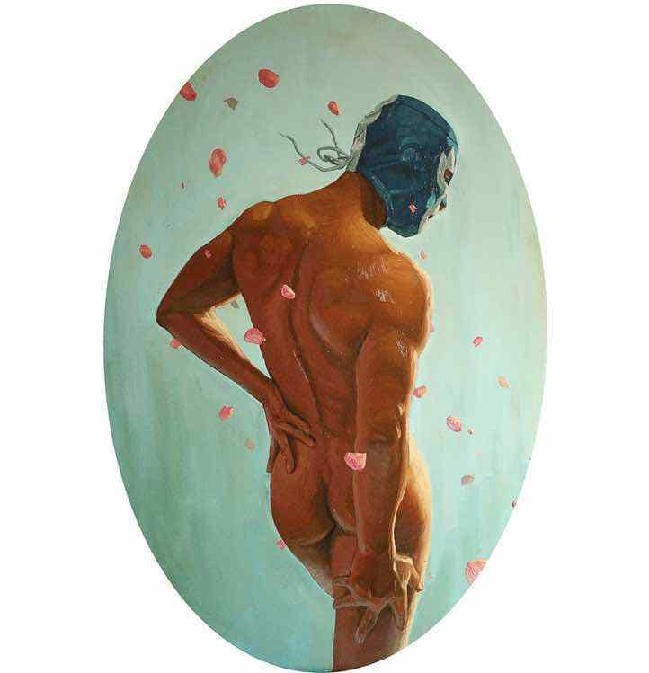Pintura de Fabián Chairez, inspirado en lo que parecer ser Blue Demon. Foto: Instagram @fabian_chairez.